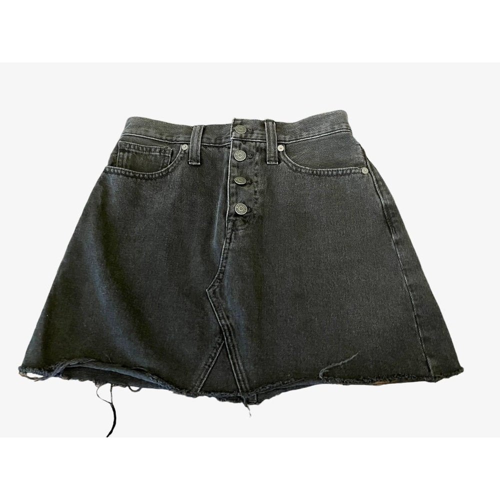 26 Madewell Rigid Denim A-Line Frayed Hem 4 Button 4 Pocket Skirt Black Jean